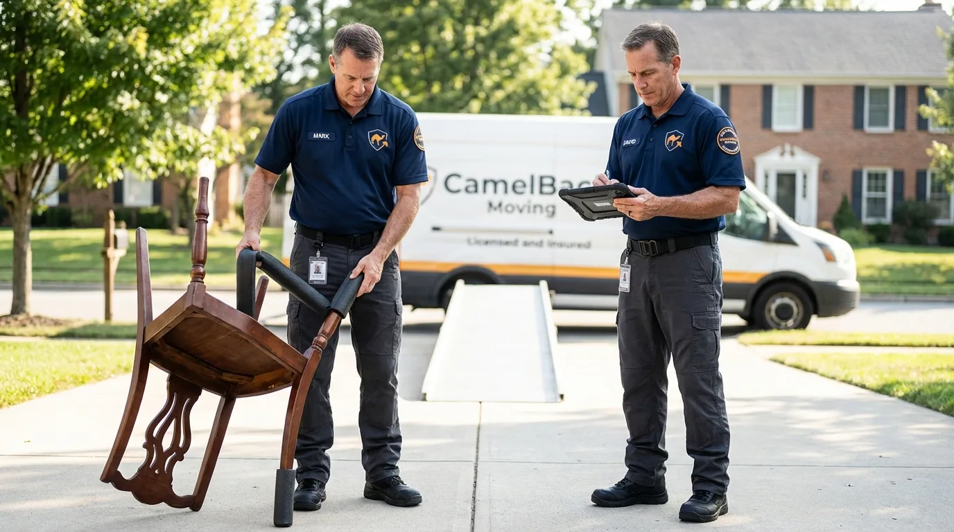 Movers inspecting furniture for damage prevention before loading in Osceola, MO