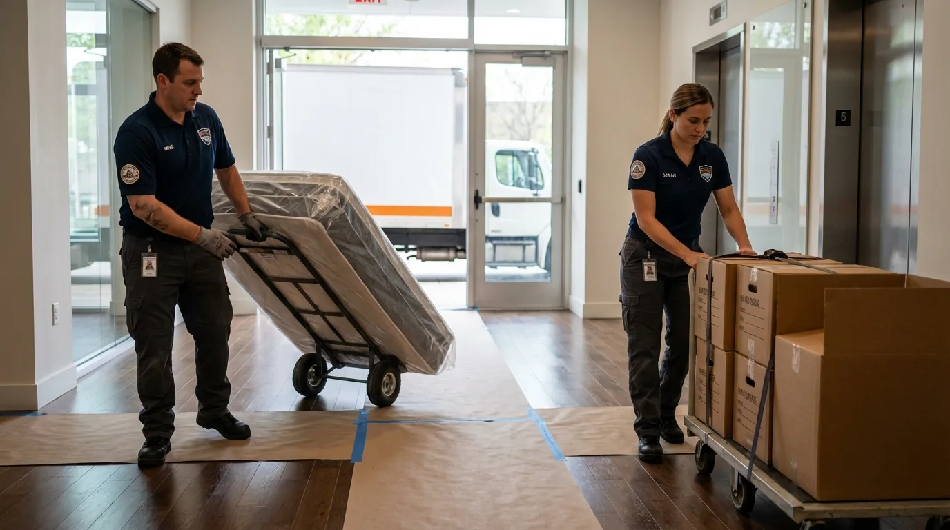 Professional apartment movers loading elevator in Osceola, MO